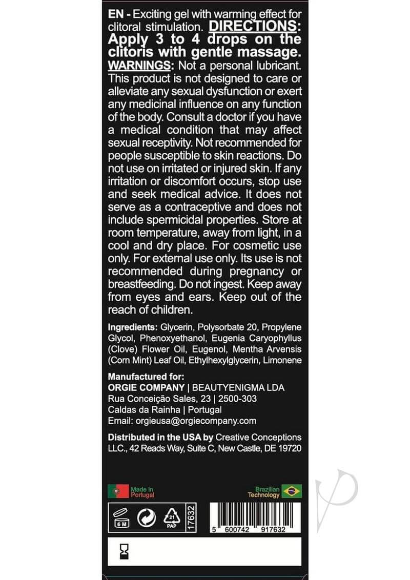 Orgie Orgasmic Drops 1 oz Clitoral Arousal Serum instructions and ingredients, highlighting warming gel for clitoral stimulation.