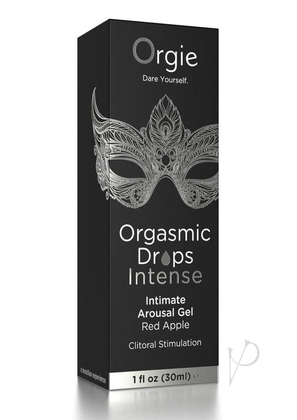 Orgie Orgasmic Drops 1 fl oz Intimate Arousel Gel Red Apple packaging for clitoral stimulation and arousal.