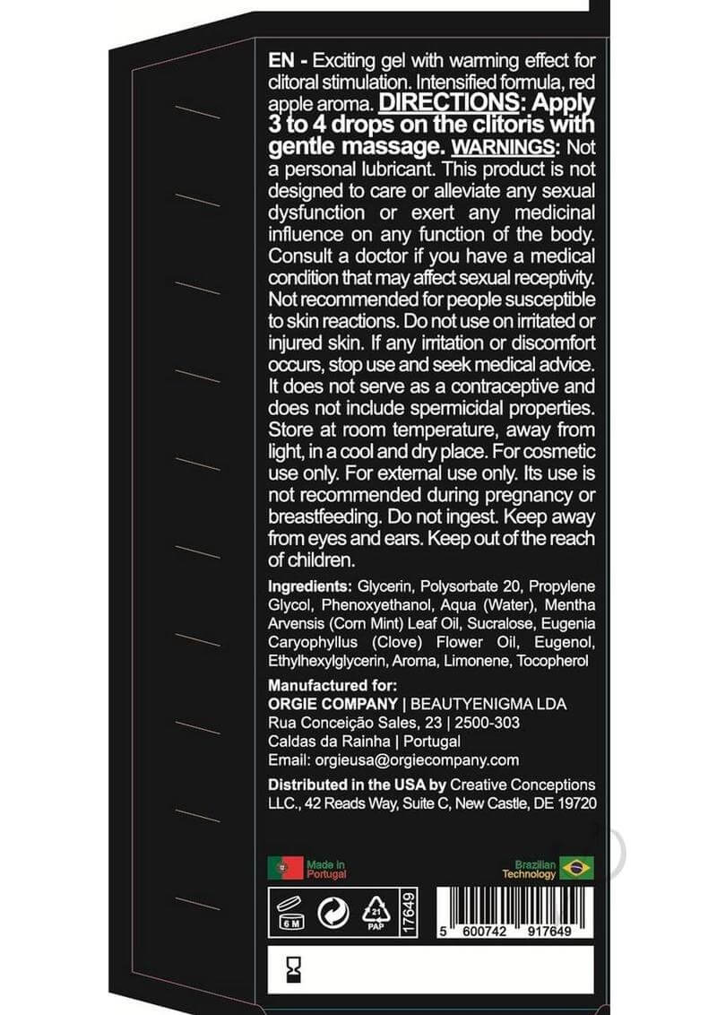 Orgie Orgasmic Drops 1 fl oz Intimate Arousel Gel Red Apple packaging with directions and ingredients.