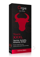Orgie Touro XXXL Power Cream For Him 0.5 fl oz box featuring ingredients Taurine, Acmella, Ginseng, Ginkgo.