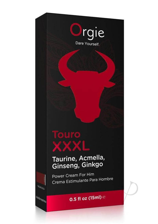 Orgie Touro XXXL Power Cream For Him 0.5 fl oz box featuring ingredients Taurine, Acmella, Ginseng, Ginkgo.