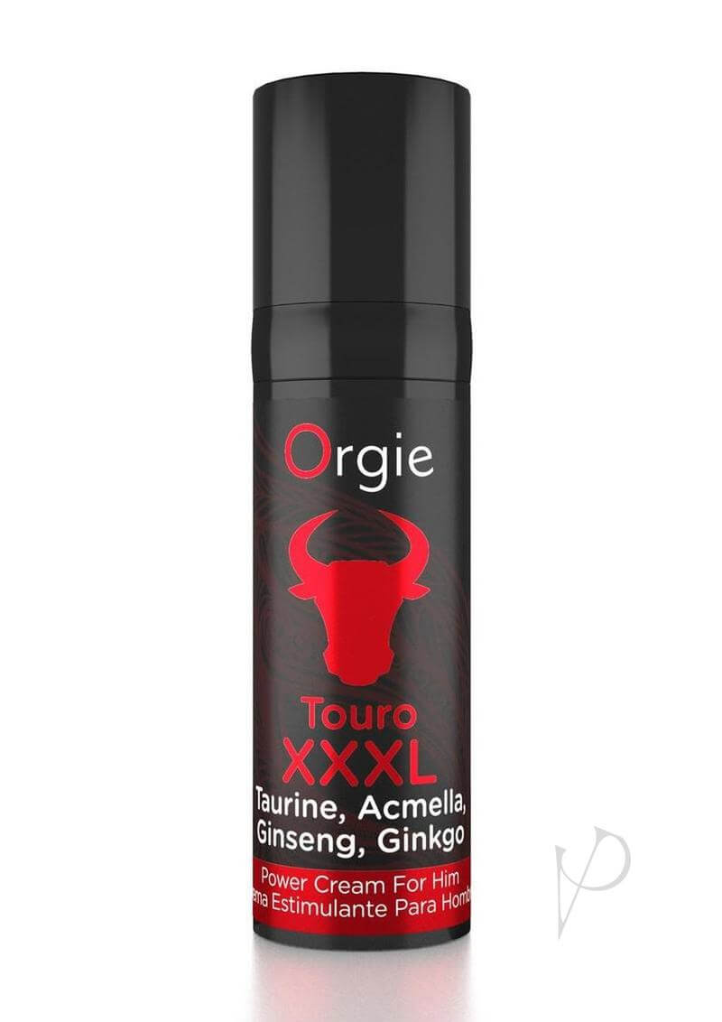 Orgie Touro XXXL Power Cream For Him 0.5 fl oz tube designed for erection enhancement with key ingredients Taurine, Acmella, Ginseng, Ginkgo.