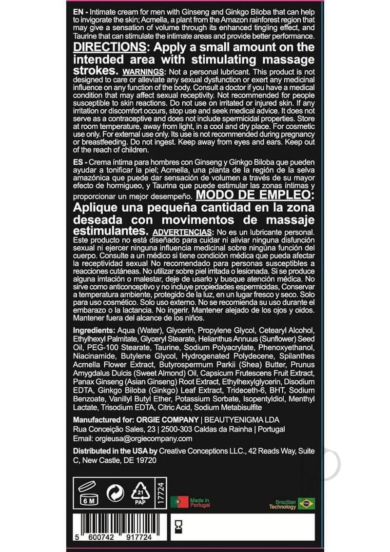 Orgie Touro XXXL Power Cream For Him 0.5 fl oz usage directions and ingredients list on the label.