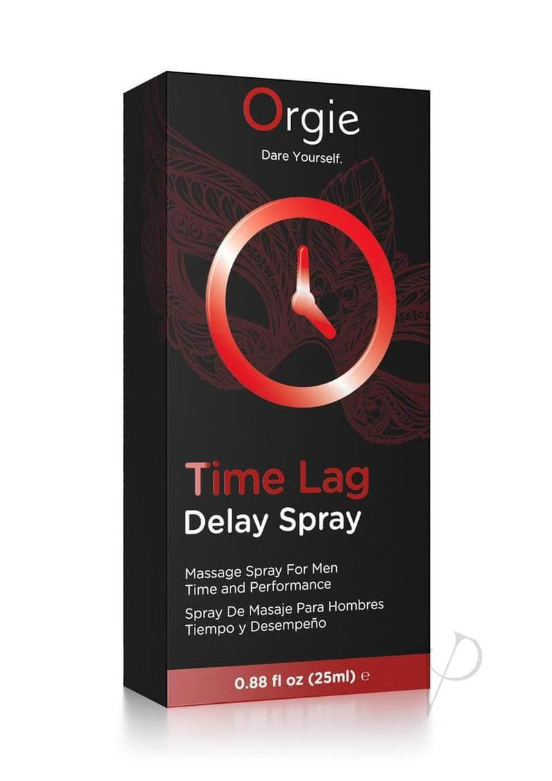 Orgie Time Lag Delay Spray for Men 0.88 fl oz packaging with clock design for enhancing performance and prolonging pleasure.