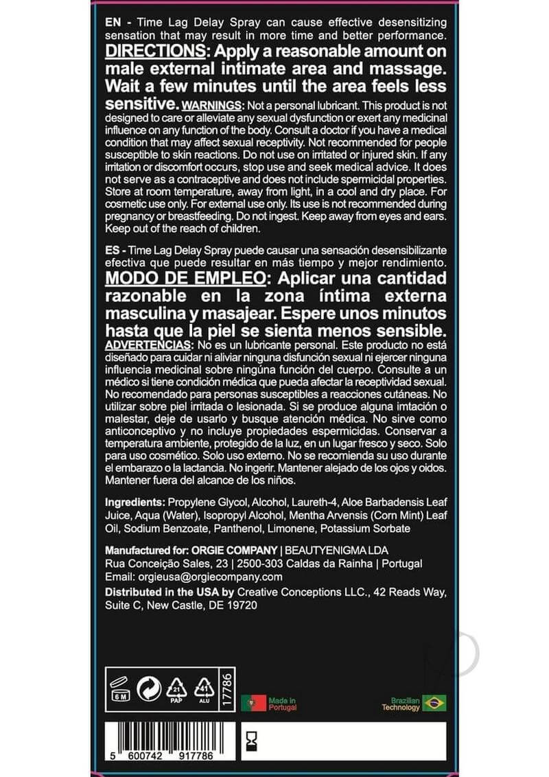 Orgie Time Lag Delay Spray for Men 0.88 fl oz directions and ingredient information on the back label.