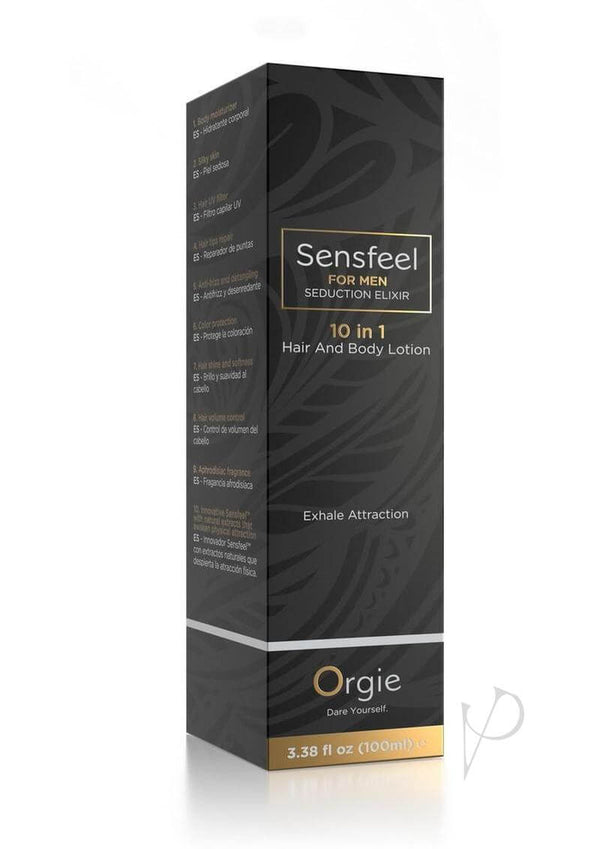 Orgie Sensfeel For Men Seduction Elixir 10 in 1 Lotion 3.38 Oz packaging with features and brand information.