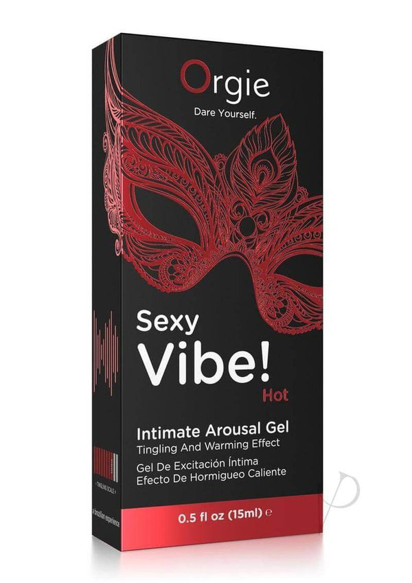 Orgie Sexy Vibe Hot Intimate Arousal Gel 0.5 fl oz packaging with red mask design and warming effect description.