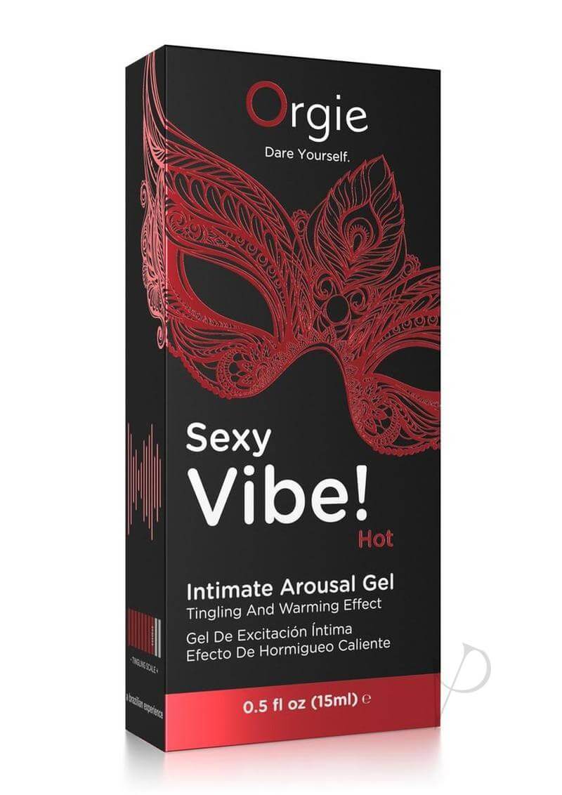 Orgie Sexy Vibe Hot Intimate Arousal Gel 0.5 fl oz packaging with red mask design and warming effect description.