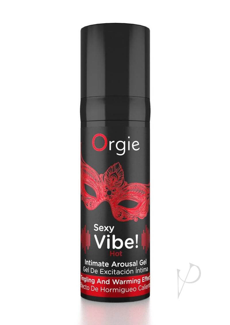 Orgie Sexy Vibe Hot Intimate Arousal Gel 0.5 fl oz in a sleek black container, designed for enhanced intimacy.