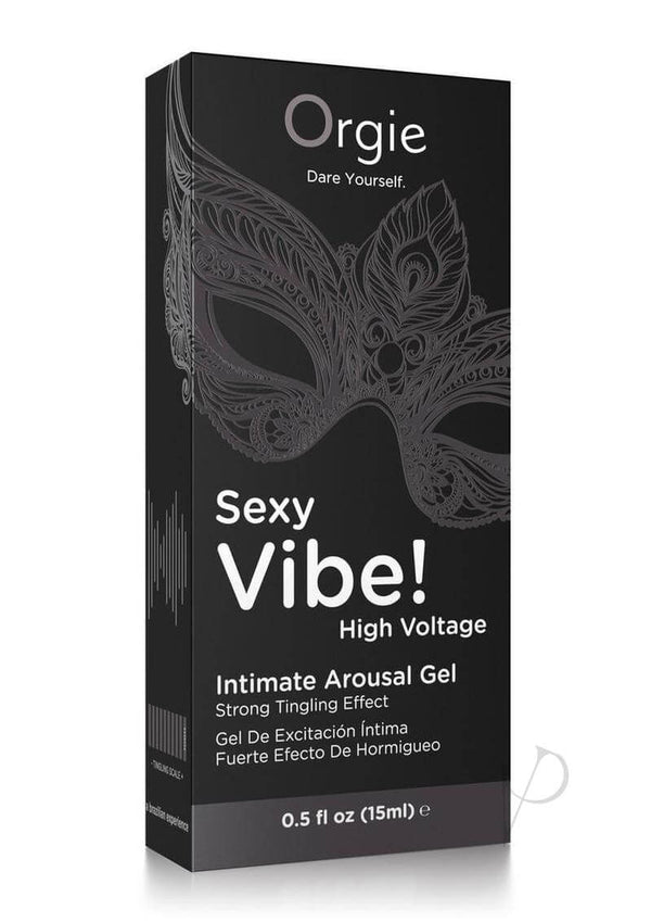 Orgie Sexy Vibe High Voltage Intimate Arousal Gel 0.5 fl oz packaging with strong tingling effect.