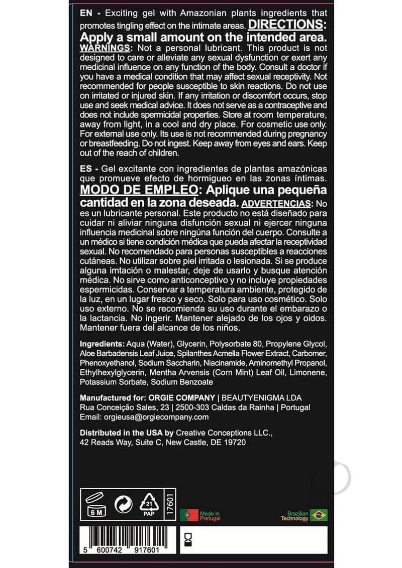 Orgie Sexy Vibe High Voltage Intimate Arousal Gel 0.5 fl oz ingredients and usage instructions