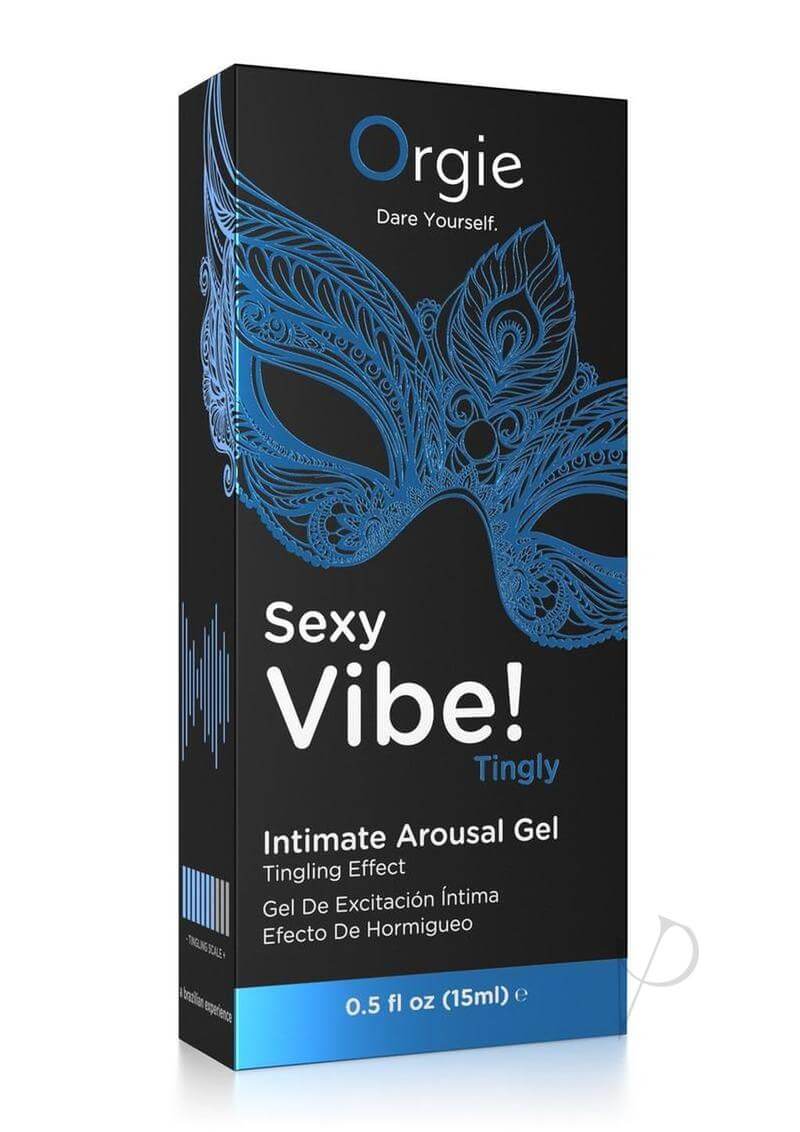 Orgie Sexy Vibe Intimate Arousal Gel 0.5 Oz packaging featuring tingle effects and seductive design.