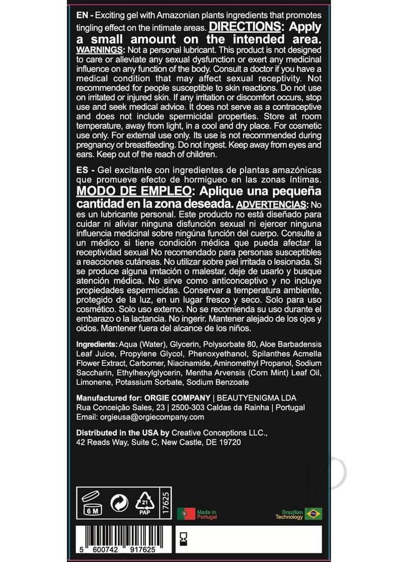 Orgie Sexy Vibe Intimate Arousal Gel 0.5 Oz product label with ingredients and usage directions.