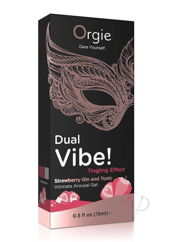 Orgie Dual Vibe Intimate Arousal Gel 0.5 Oz Strawberry Gin and Tonic packaging with a playful design.