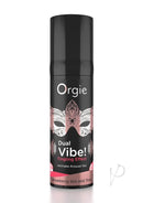 Orgie Dual Vibe Intimate Arousal Gel 0.5 Oz Strawberry Gin and Tonic in a sleek black bottle.