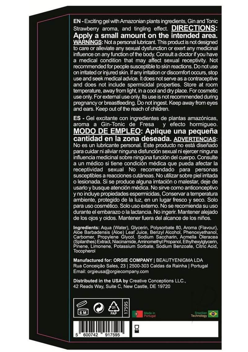 Orgie Dual Vibe Intimate Arousal Gel 0.5 Oz Strawberry Gin and Tonic instructions and ingredients on the packaging.