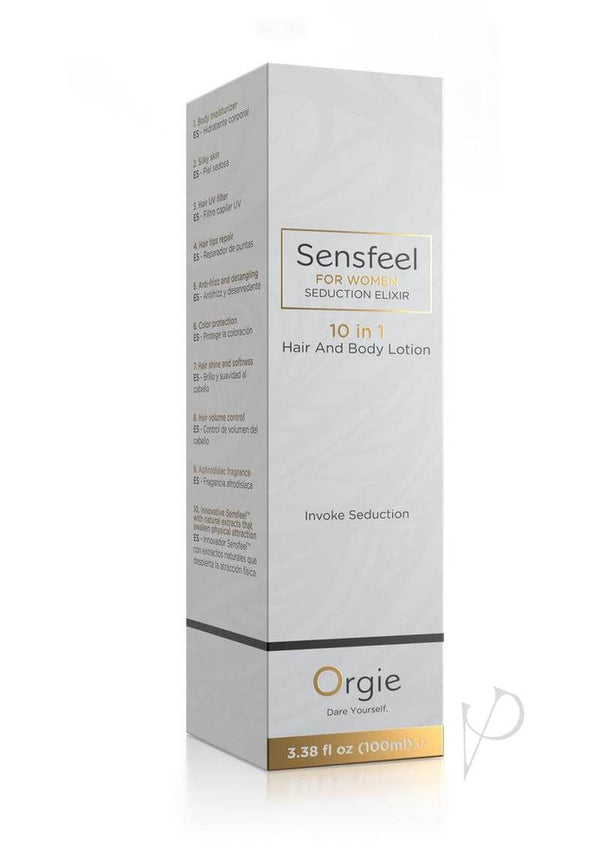 Orgie Sensfeel For Women Seduction Elixir 10 in 1 Lotion 3.38 Oz packaging front view.