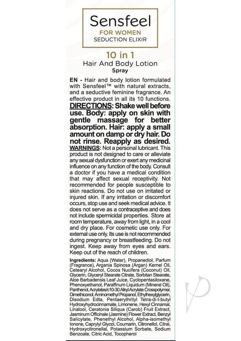 Orgie Sensfeel For Women Seduction Elixir 10 in 1 Lotion 3.38 Oz directions and ingredients list image.