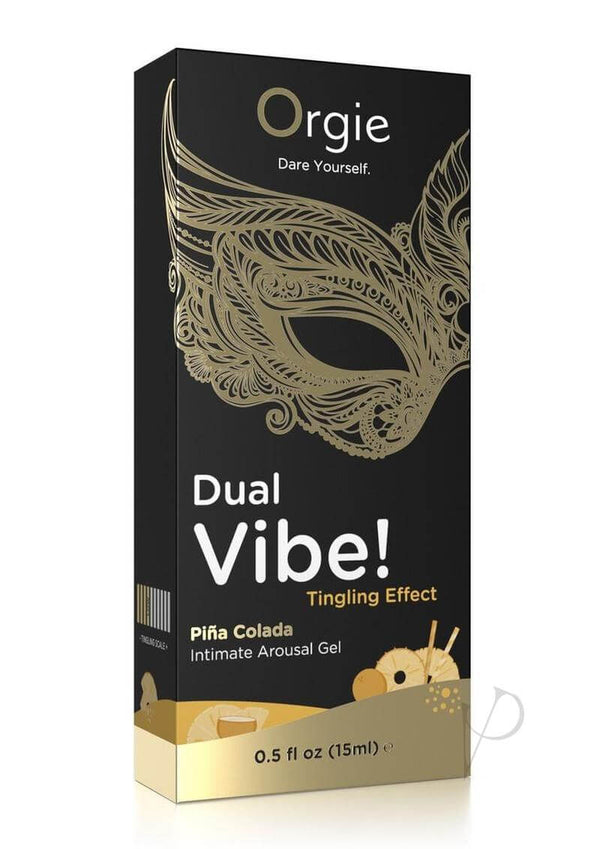 Orgie Dual Vibe Intimate Arousal Gel 0.5 fl oz Pina Colada packaging featuring a tropical design.