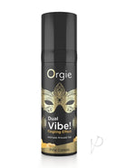 Orgie Dual Vibe Intimate Arousal Gel 0.5 fl oz Pina Colada in a sleek black bottle with gold accents.