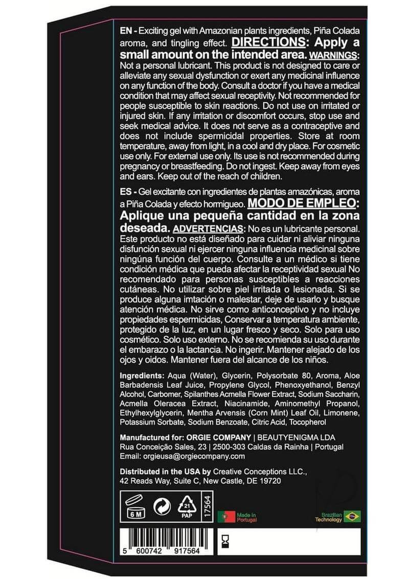 Orgie Dual Vibe Intimate Arousal Gel 0.5 fl oz Pina Colada product packaging with directions and warnings.