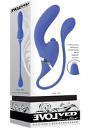 Evolved All In Rechargeable Silicone Dual Vibrator Blue packaging showcasing its ergonomic design and features.