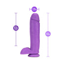 Blush Neo 11 Inch Dual Density Dildo With Balls Neon Purple showing dimensions of 11.5 inches tall and 2.25 inches wide.
