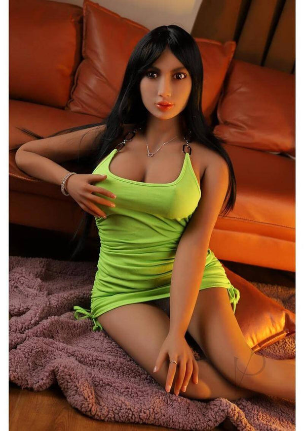 Isabel Sex Doll 158CM Vibration Suction and Voice Caramel in green outfit, showcasing lifelike features and poseability.