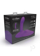 Cowgirl Rodeo Rider G-Spot Thrusting Dildo packaging in purple - features thrusting speeds and clitoral tapper.