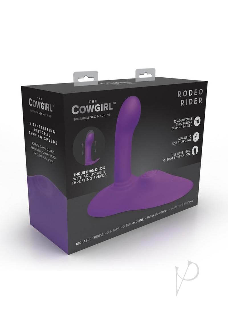 Cowgirl Rodeo Rider G-Spot Thrusting Dildo packaging in purple - features thrusting speeds and clitoral tapper.