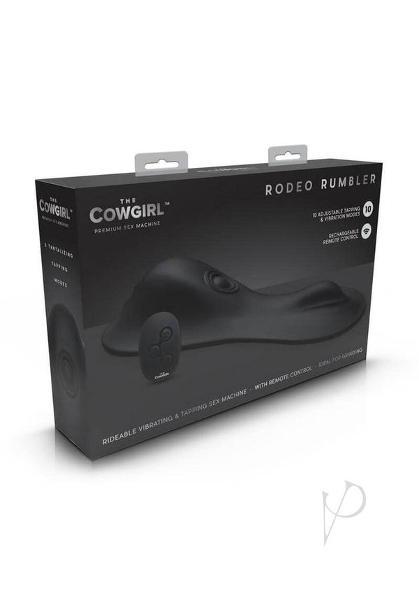Cowgirl Rodeo Rumbler vibrating clitoral sex machine packaging, features remote control and hands-free design.