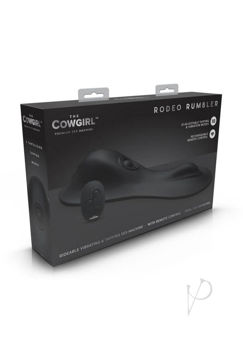 Cowgirl Rodeo Rumbler Grinding Vibrating Tapping Dildo Black packaging featuring remote control and product details.