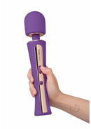 Bodywand Luxe Couture Silicone Wand Massager Purple held in hand with elegant design and controls.