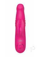 The Rabbit Company Mini Thrusting Rabbit Vibrator Pink displayed in a vibrant pink color, designed for dual-stimulation.