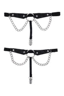Sex and Mischief Chain Lace Garters featuring a lace-etched faux leather design with chains.