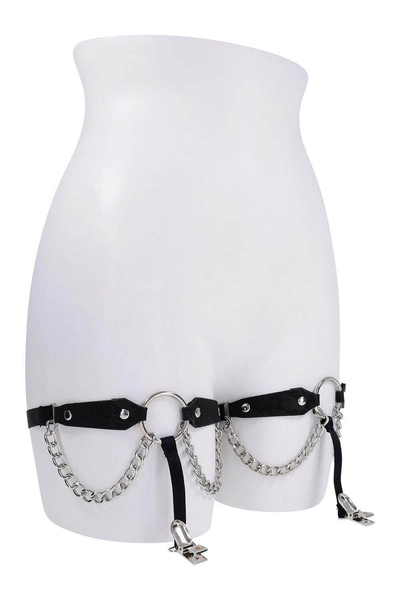 Sex and Mischief Chain Lace Garters feature faux leather and chain accents for a bold, edgy fashion statement.