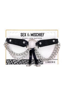 Sex and Mischief Chain Lace Garters featuring unique lace-etched faux leather and decorative chains.