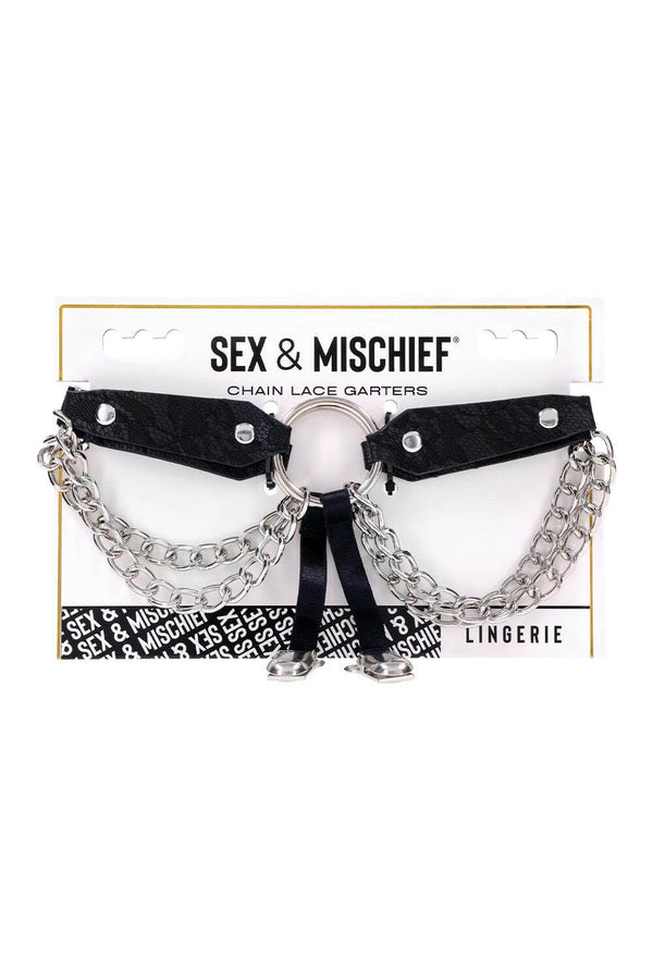 Sex and Mischief Chain Lace Garters featuring unique lace-etched faux leather and decorative chains.