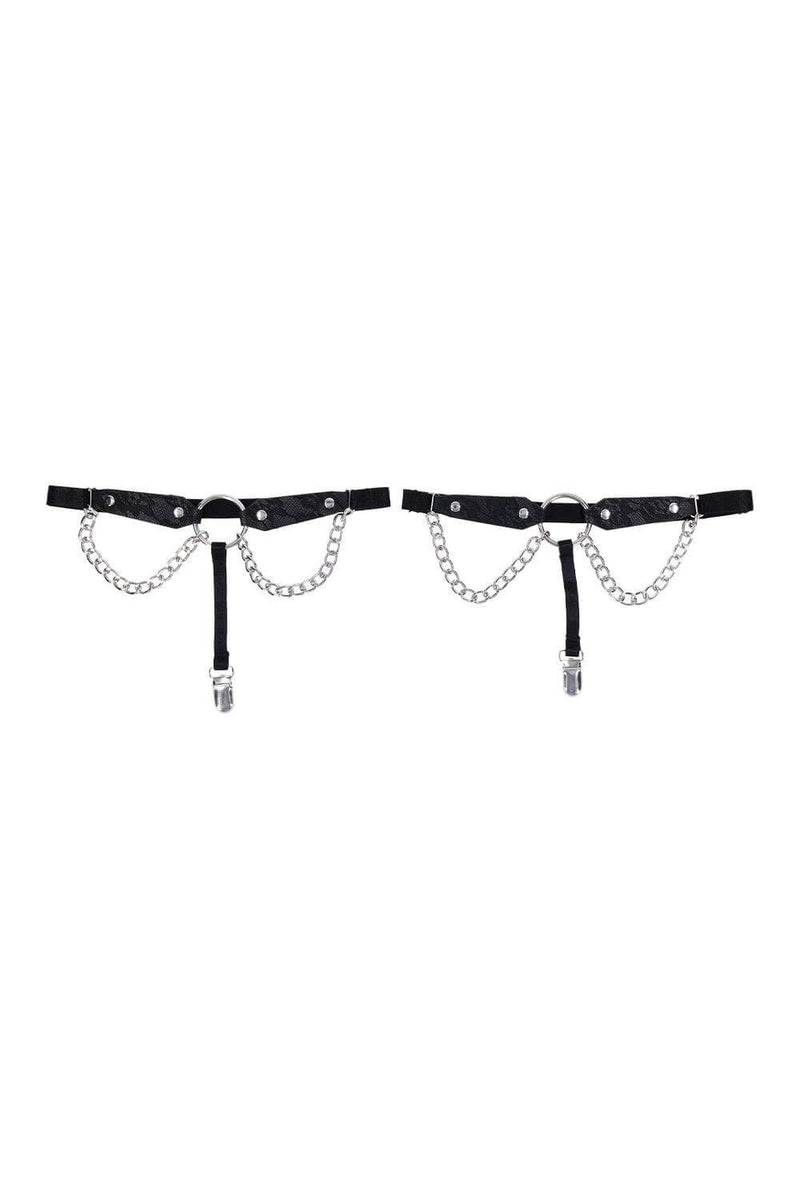 Sex and Mischief Chain Lace Garters featuring faux leather and chain details for a bold accessory look.