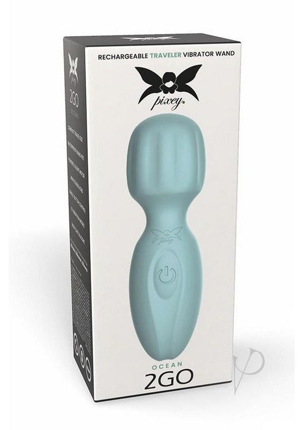 Pixey 2GO Rechargeable Silicone Mini Wand Ocean Green in packaging, perfect for travel and pleasure.