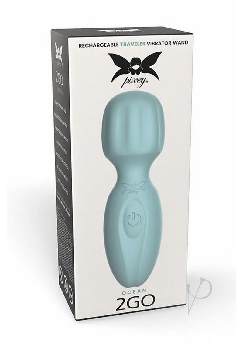 Pixey 2GO Rechargeable Silicone Mini Wand Ocean Green in packaging, perfect for travel and pleasure.