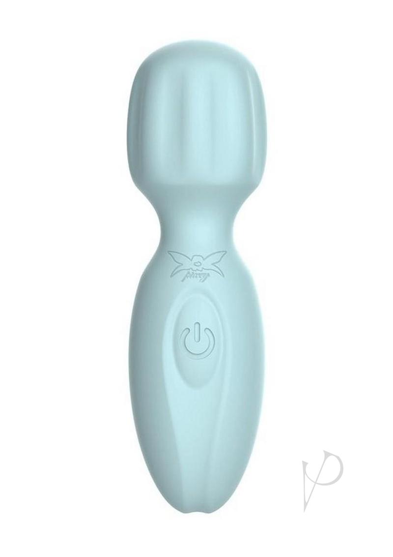 Pixey 2GO Rechargeable Silicone Mini Wand Ocean Green in a soft blue color, designed for travel-friendly pleasure.