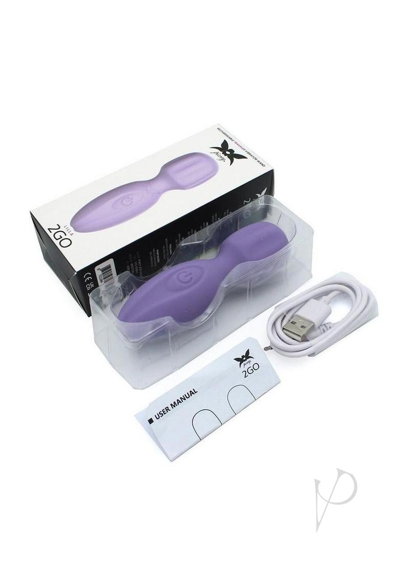 Pixey 2GO Rechargeable Silicone Mini Wand Lilla Purple in packaging with charging cable and user manual.