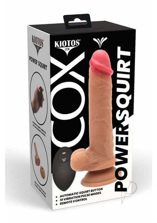 Kiotos Cox Power Squirt Vibrating Dildo with Remote Control packaging featuring realistic design and remote.