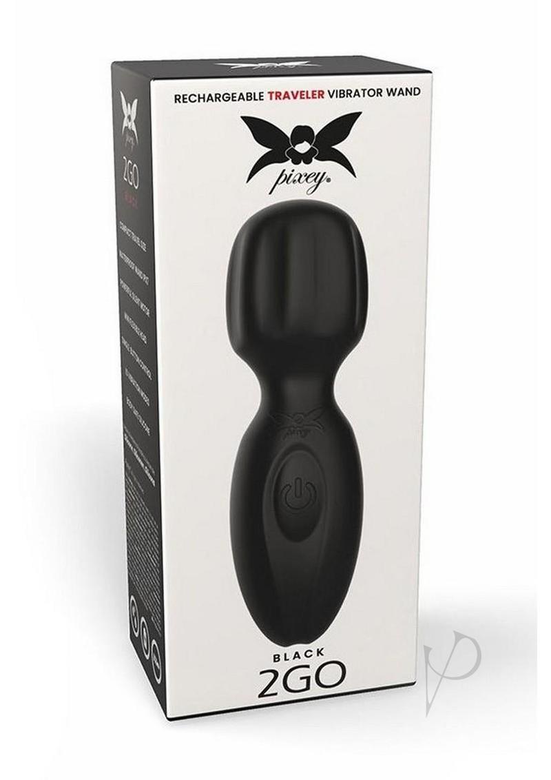 Pixey 2GO Rechargeable Silicone Mini Wand Black boxed packaging displaying travel-friendly vibrator design.