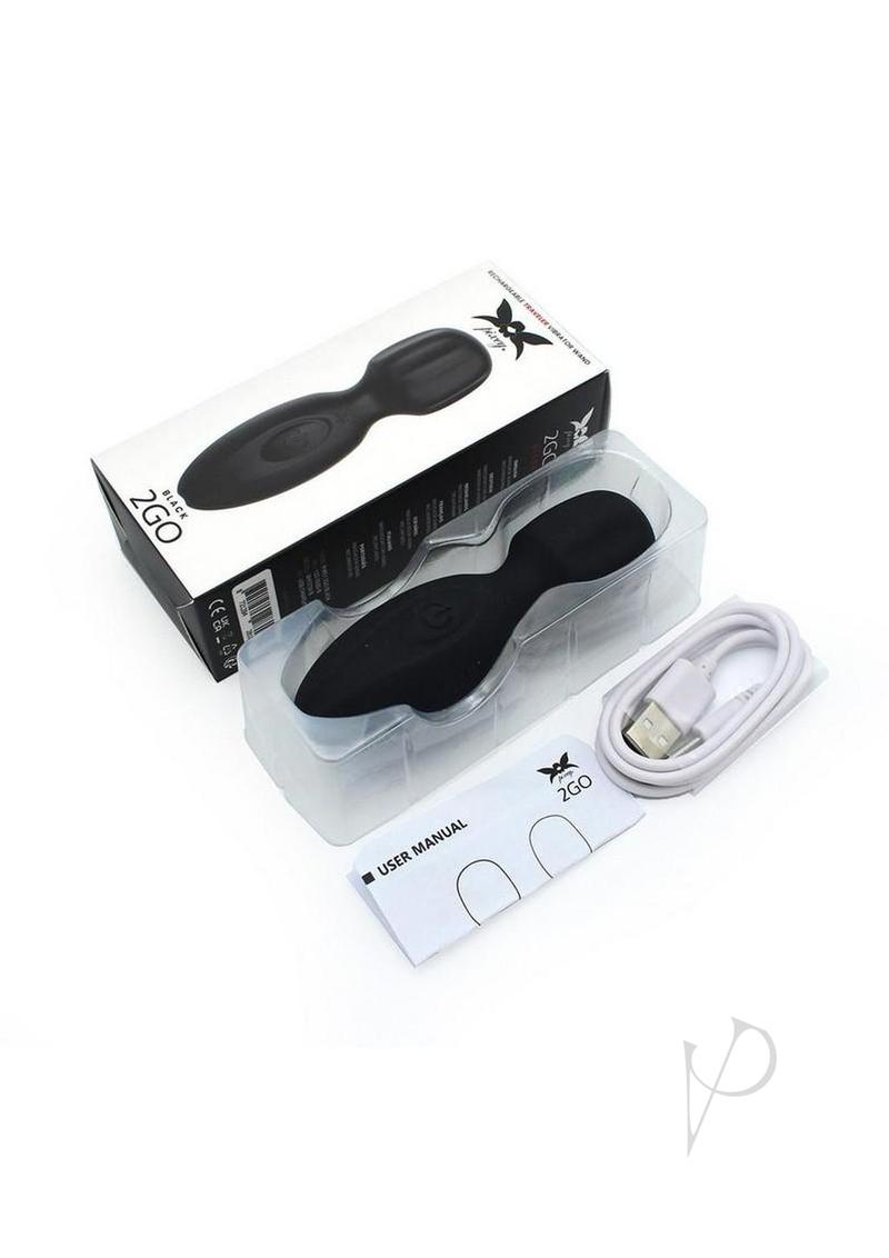 Pixey 2GO Rechargeable Silicone Mini Wand Black in packaging with USB charger and user manual.
