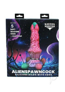 Monstar Cox Alienspawn Cock Silicone Dildo with Eggs Pink packaging featuring vibrant colors and design.
