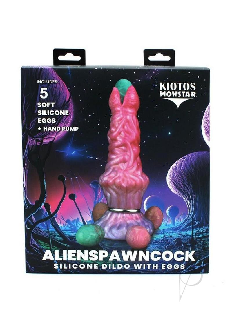 Monstar Cox Alienspawn Cock Silicone Dildo with Eggs Pink packaging featuring vibrant colors and design.