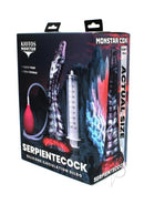 Monstar Cox Serpiente Silicone Ejaculation Cock Dildo packaging with pump and syringe, showcasing actual size.