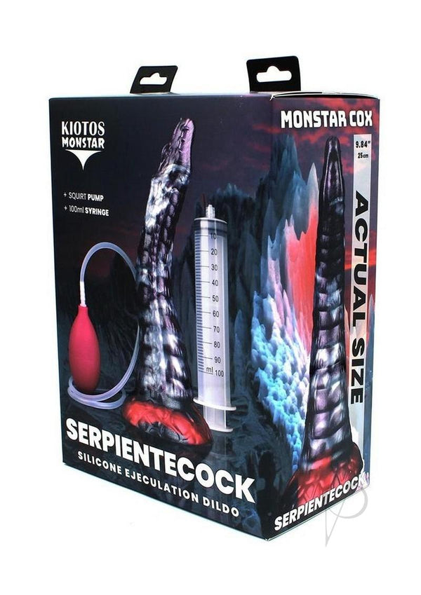 Monstar Cox Serpiente Silicone Ejaculation Cock Dildo packaging with pump and syringe, showcasing actual size.